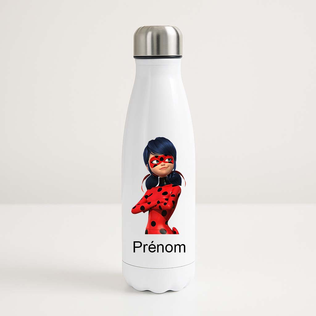 Bouteille isotherme personnalisée blanche avec Ladybug de Miraculous et un prénom inscrit en dessous