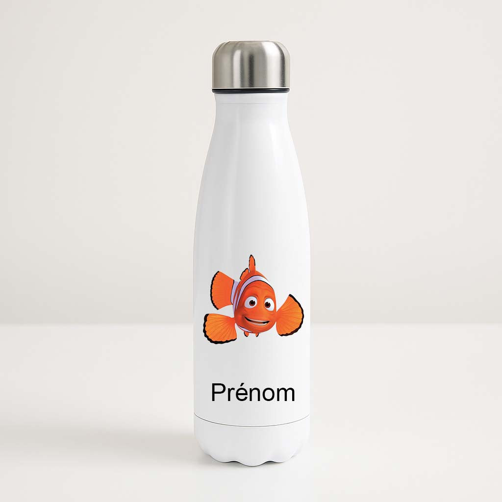 Bouteille isotherme blanche personnalisée avec personnage de Némo orange au centre et prénom en dessous