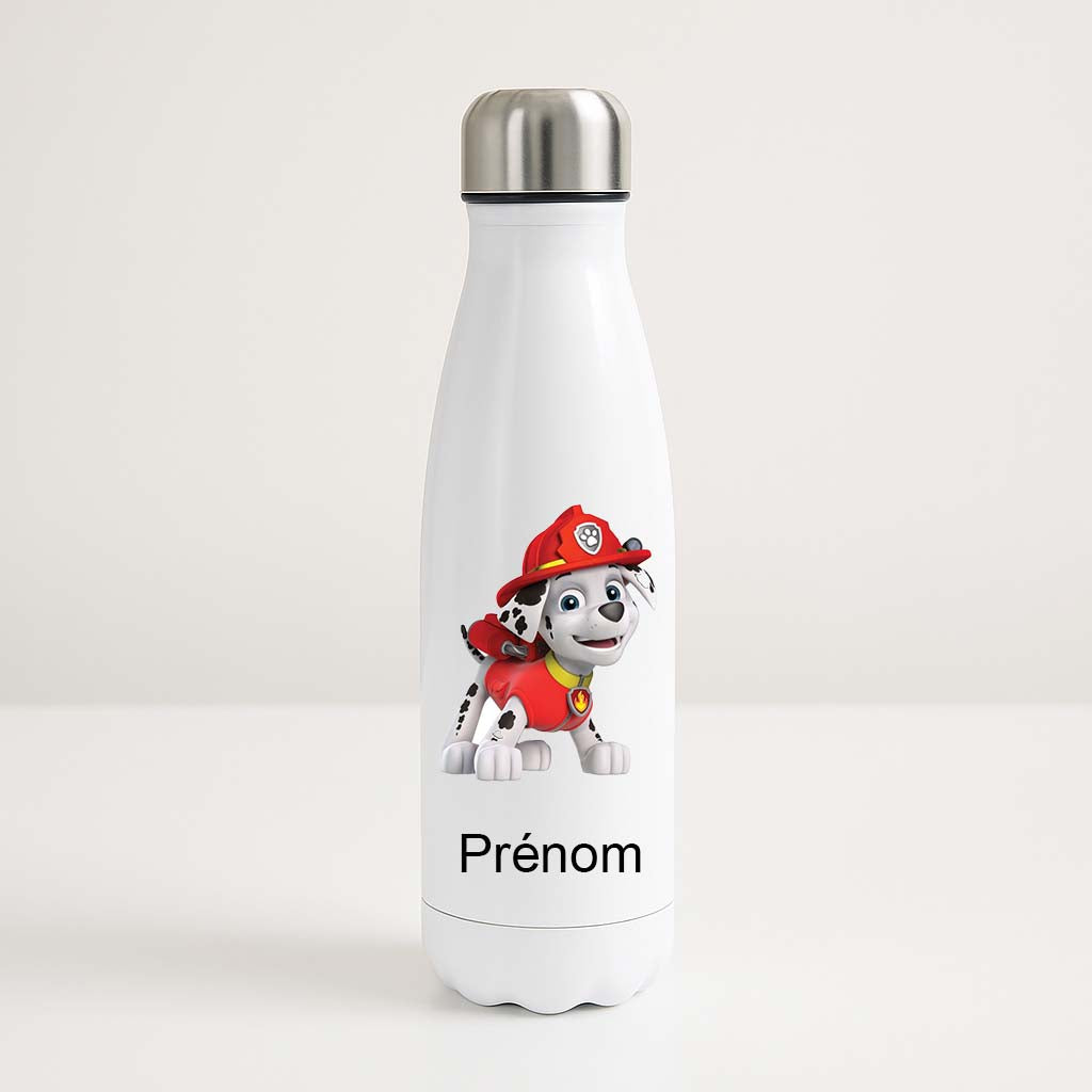Bouteille isotherme blanche avec Marshall, le dalmatien pompier de Pat'Patrouille, et un espace pour prénom