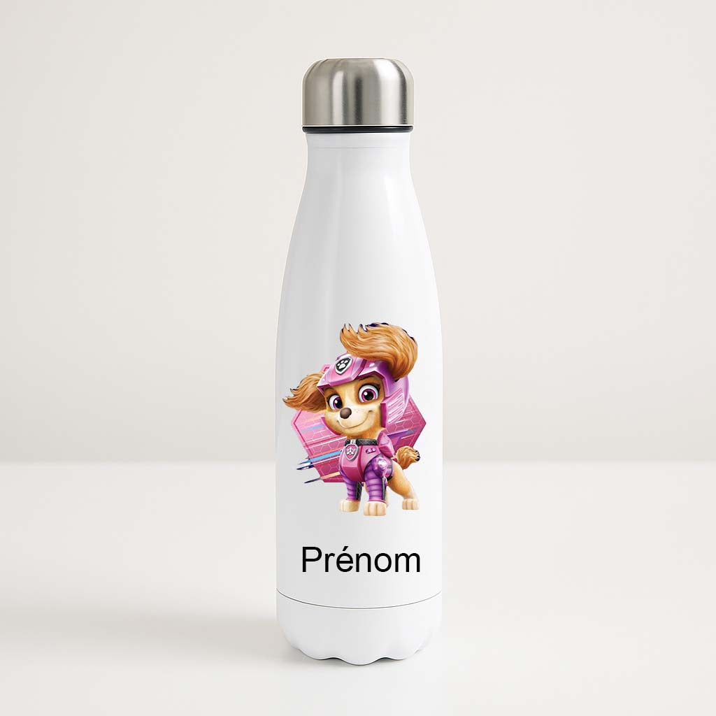 Bouteille isotherme blanche personnalisée avec Skye Super Patrouille en rose et espace pour prénom