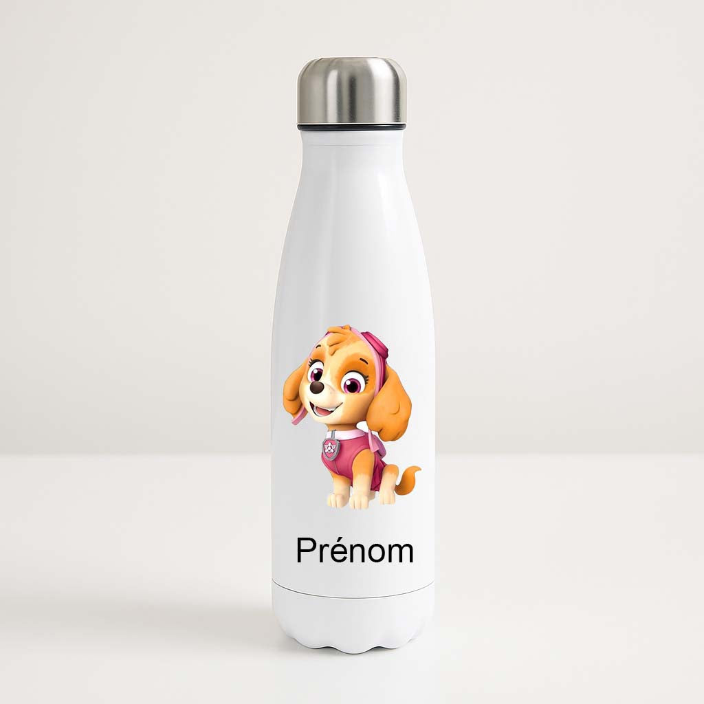 Bouteille isotherme blanche illustrée avec Skye de la Pat'Patrouille en tenue rose, personnalisable avec un prénom