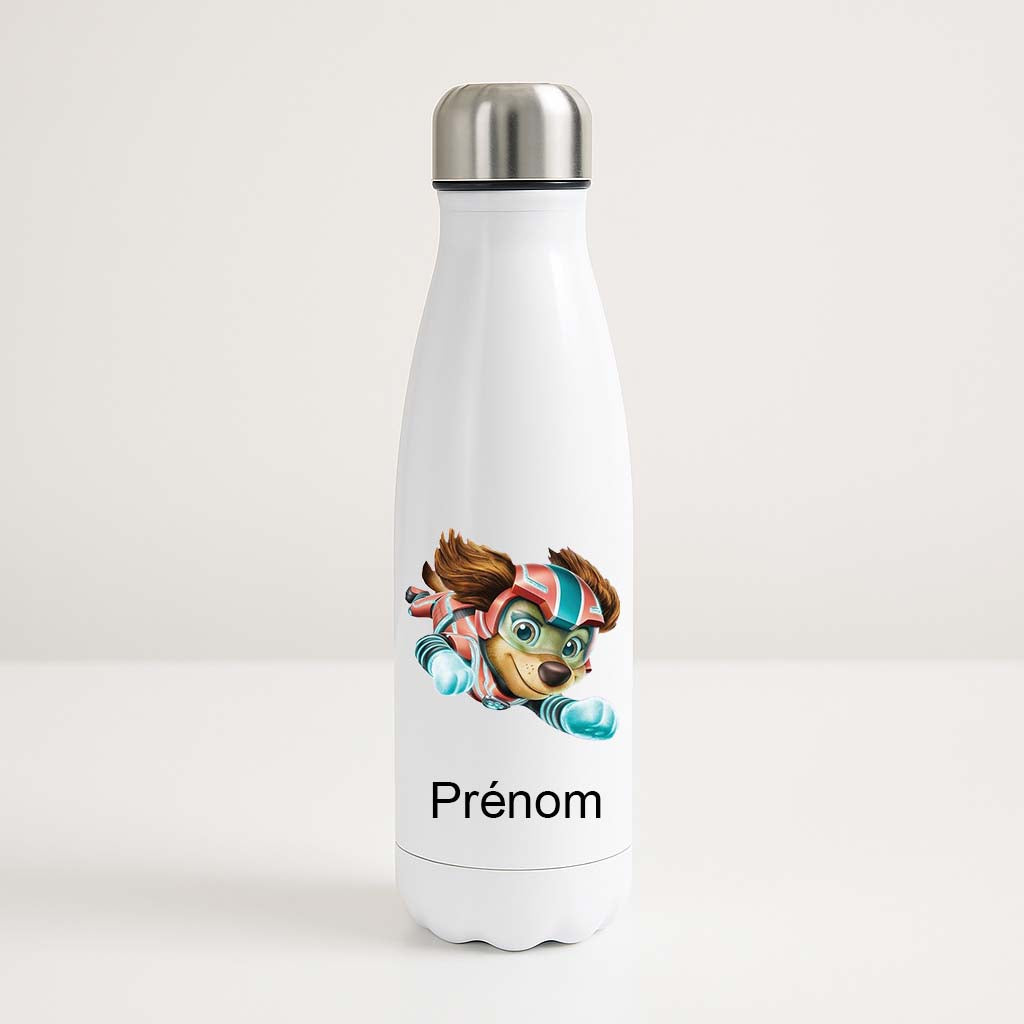 Bouteille isotherme blanche avec Skye en super héroïne volante et espace prénom personnalisé