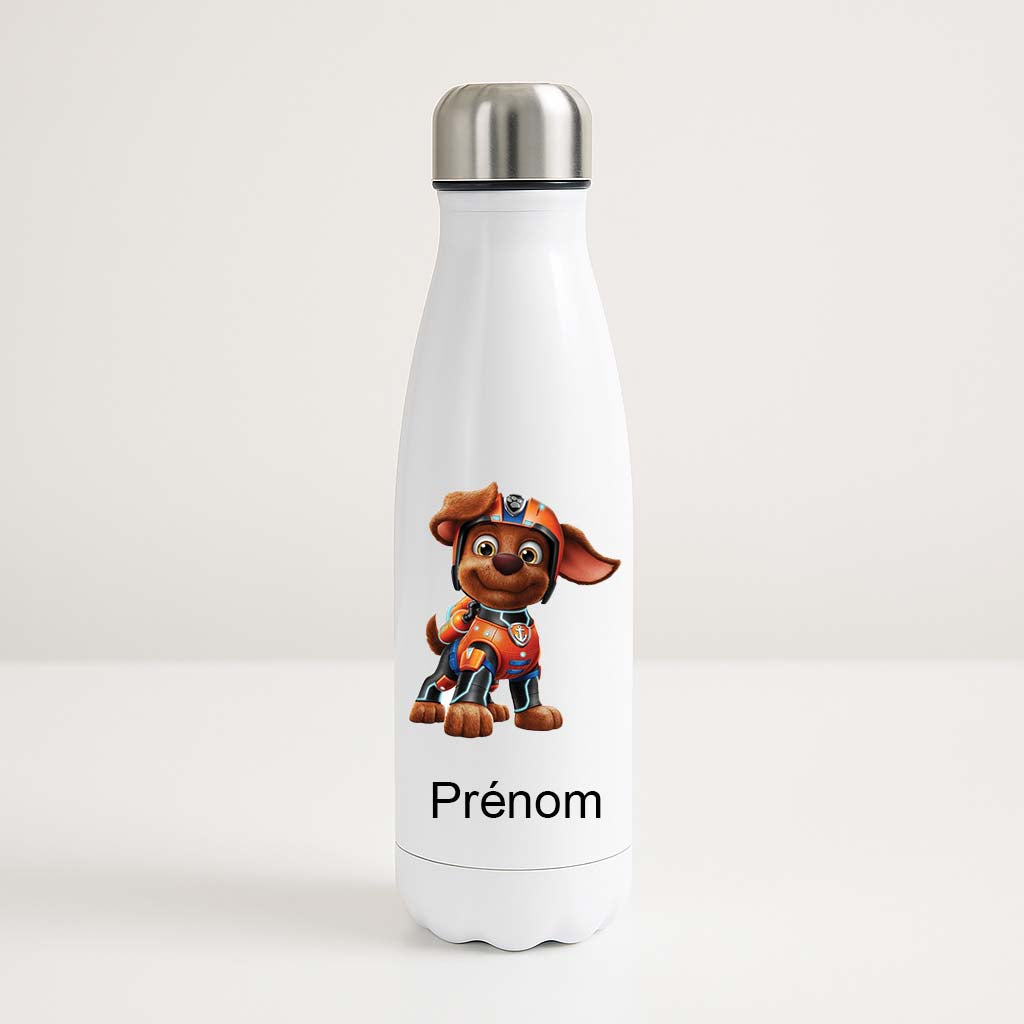 Gourde enfant blanche personnalisée avec Zuma de Pat'Patrouille en combinaison orange, espace pour prénom en dessous