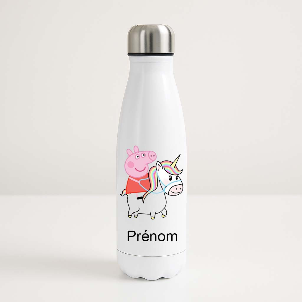 Bouteille isotherme blanche avec Peppa Pig sur une licorne arc-en-ciel, espace pour prénom personnalisé en bas