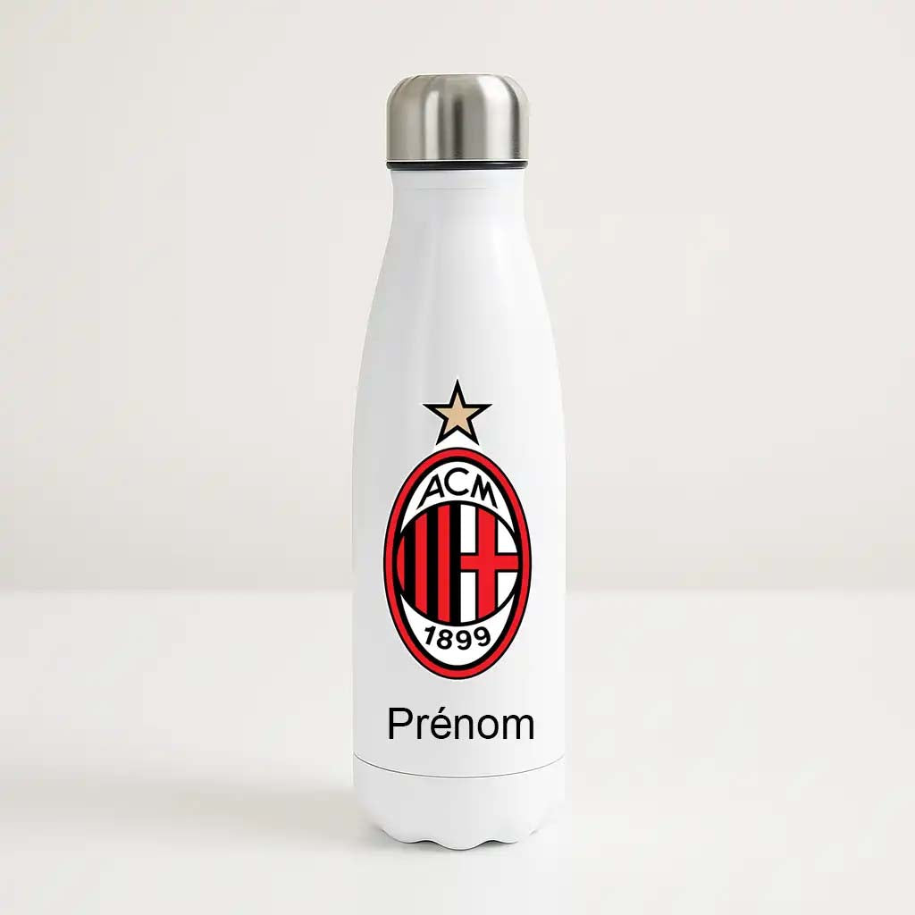 Bouteille isotherme personnalisée AC Milan avec prénom gravé – gourde inox rouge et noire pour fan de football