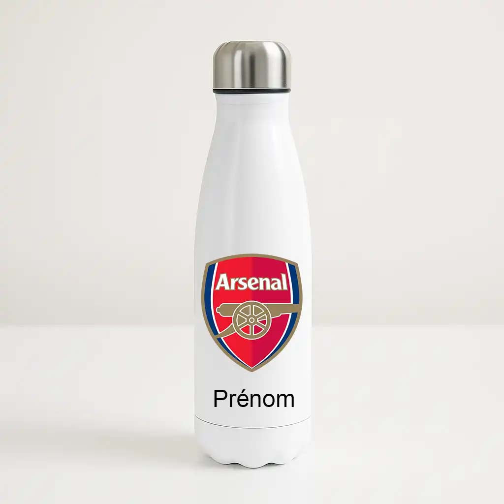 Bouteille isotherme Arsenal personnalisée avec prénom – gourde inox rouge et blanche pour fan du club d’Arsenal FC