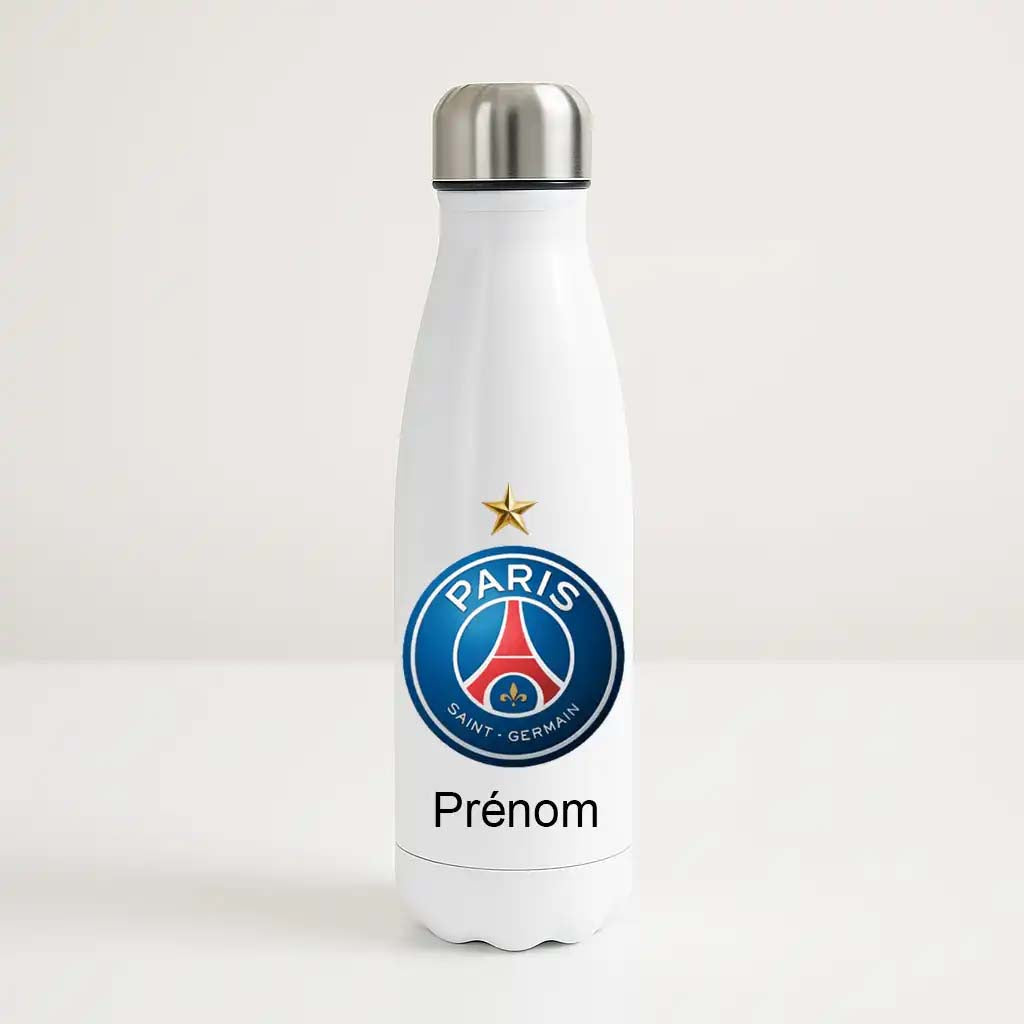 Bouteille isotherme PSG personnalisée avec étoile dorée – gourde inox bleue avec prénom gravé pour supporter du Paris Saint-Germain