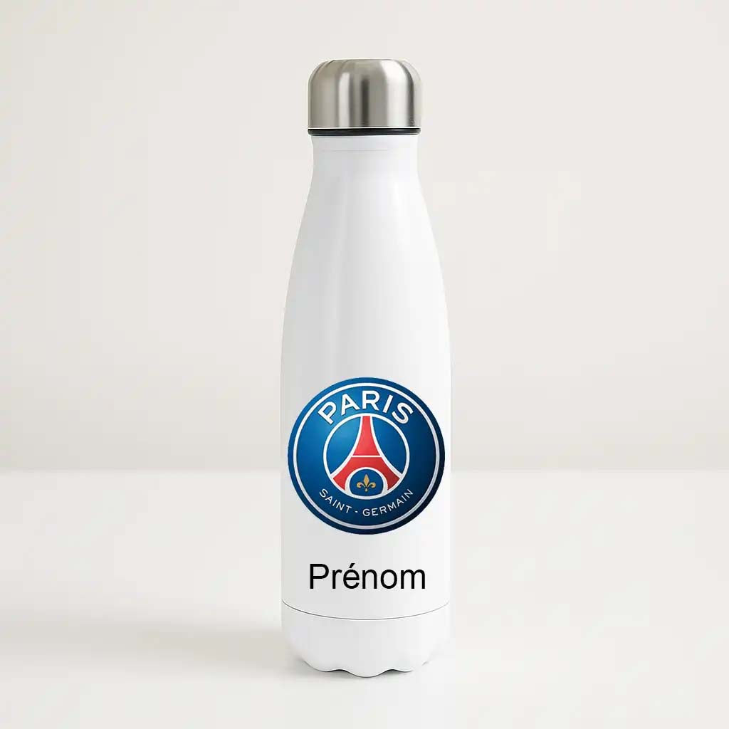 Gourde isotherme personnalisée avec logo Paris Saint Germain et prénom, bouteille inox 500ml