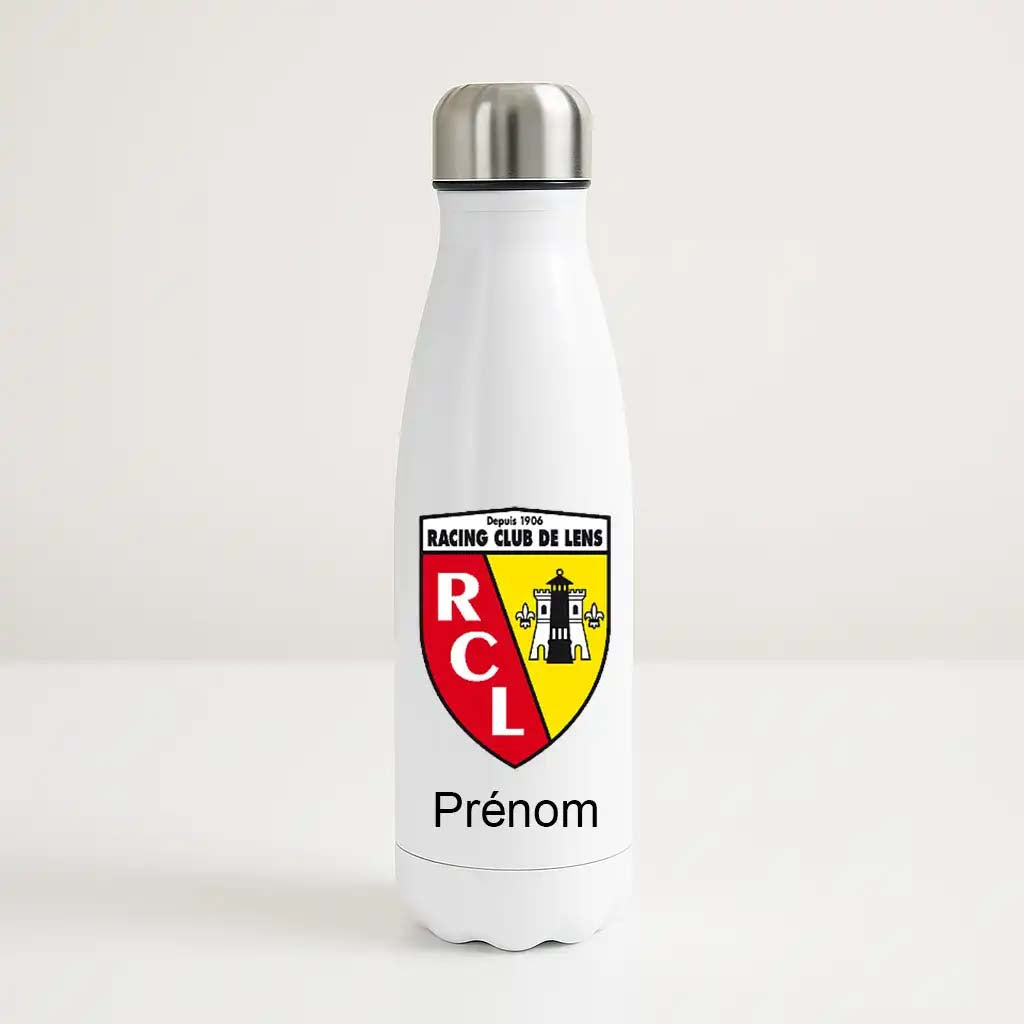 Bouteille isotherme personnalisée RC Lens avec prénom et logo Racing Club de Lens