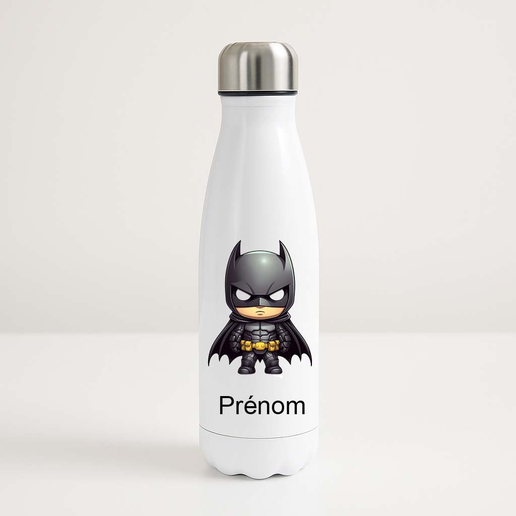 Bouteille isotherme blanche 500ml avec Batman en chibi, masque et cape, espace pour un prénom personnalisable.