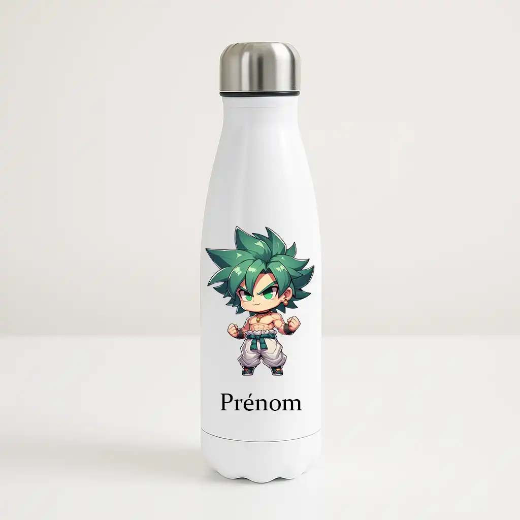 Bouteille isotherme blanche 500ml avec Broly en chibi, cheveux verts et air féroce, espace pour un prénom personnalisable.