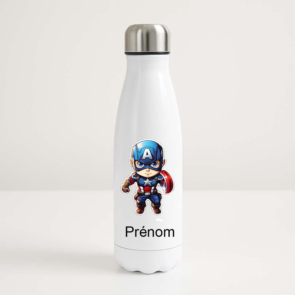 Bouteille isotherme blanche 500ml avec Captain América en chibi et espace pour prénom personnalisable.