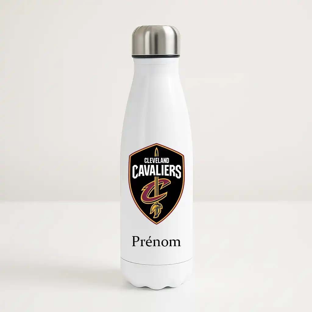 Bouteille isotherme blanche personnalisable avec logo bordeaux et or des Cleveland Cavaliers et prénom, parfaite pour les fans de NBA.