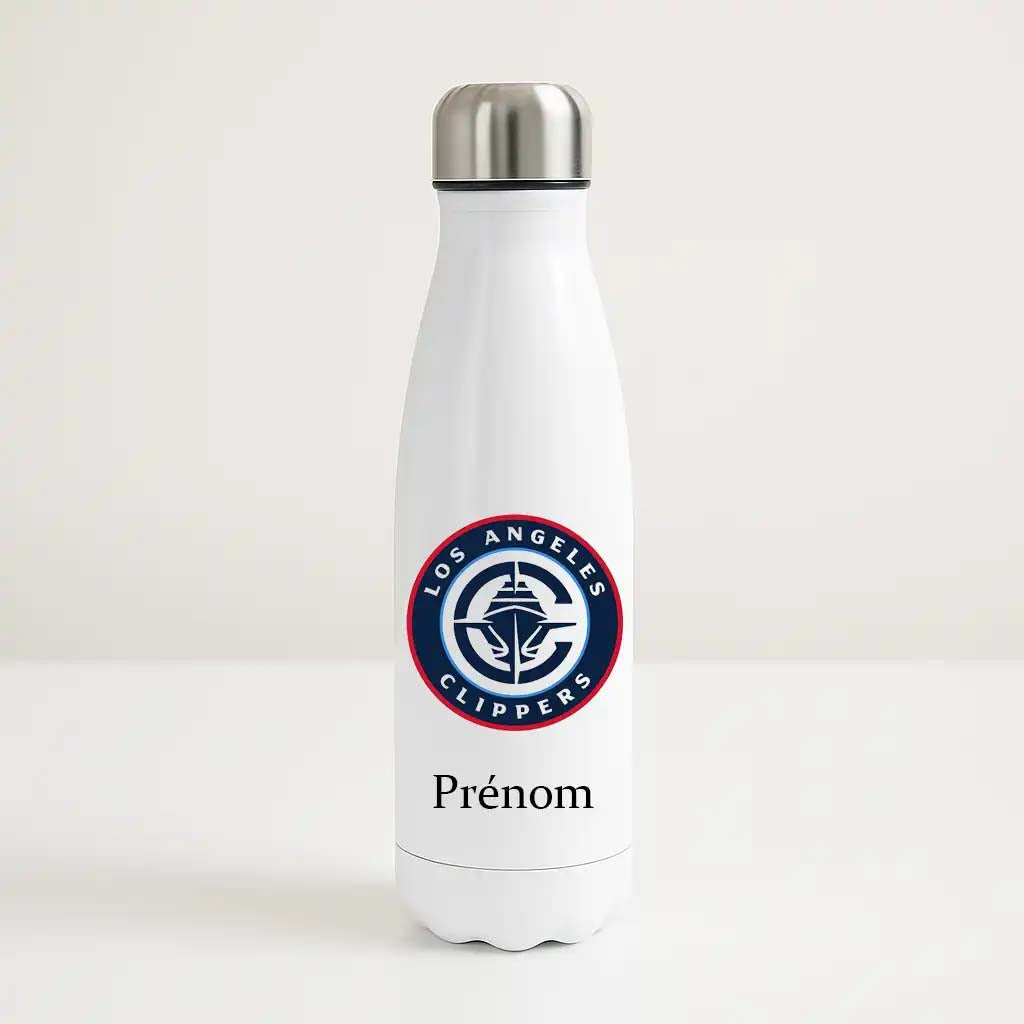Bouteille isotherme blanche personnalisable avec logo bleu, rouge et argent des Los Angeles Clippers et prénom, idéale pour fan NBA.