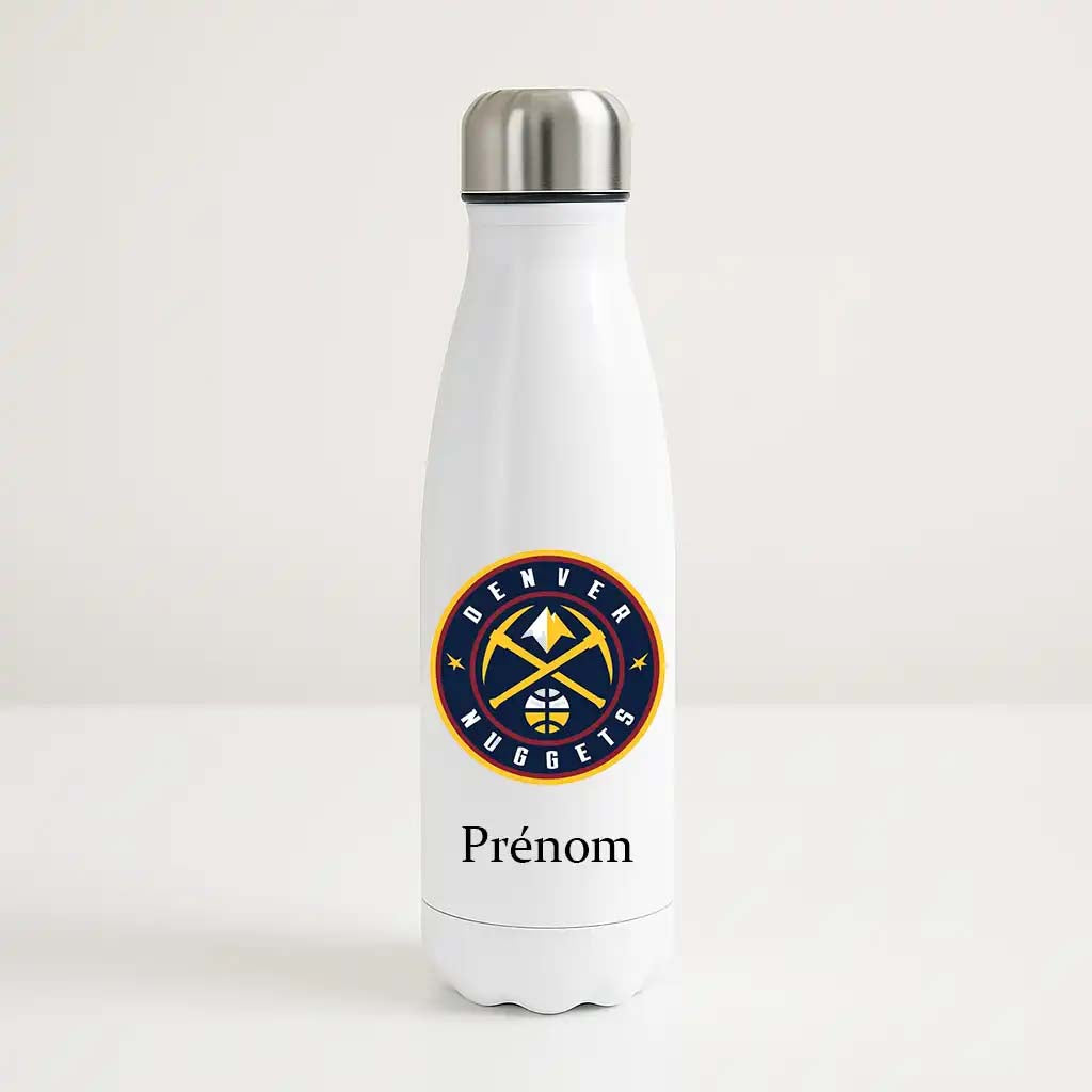 Bouteille isotherme blanche personnalisable avec logo bleu et or des Denver Nuggets et prénom, idéale pour supporter de NBA.