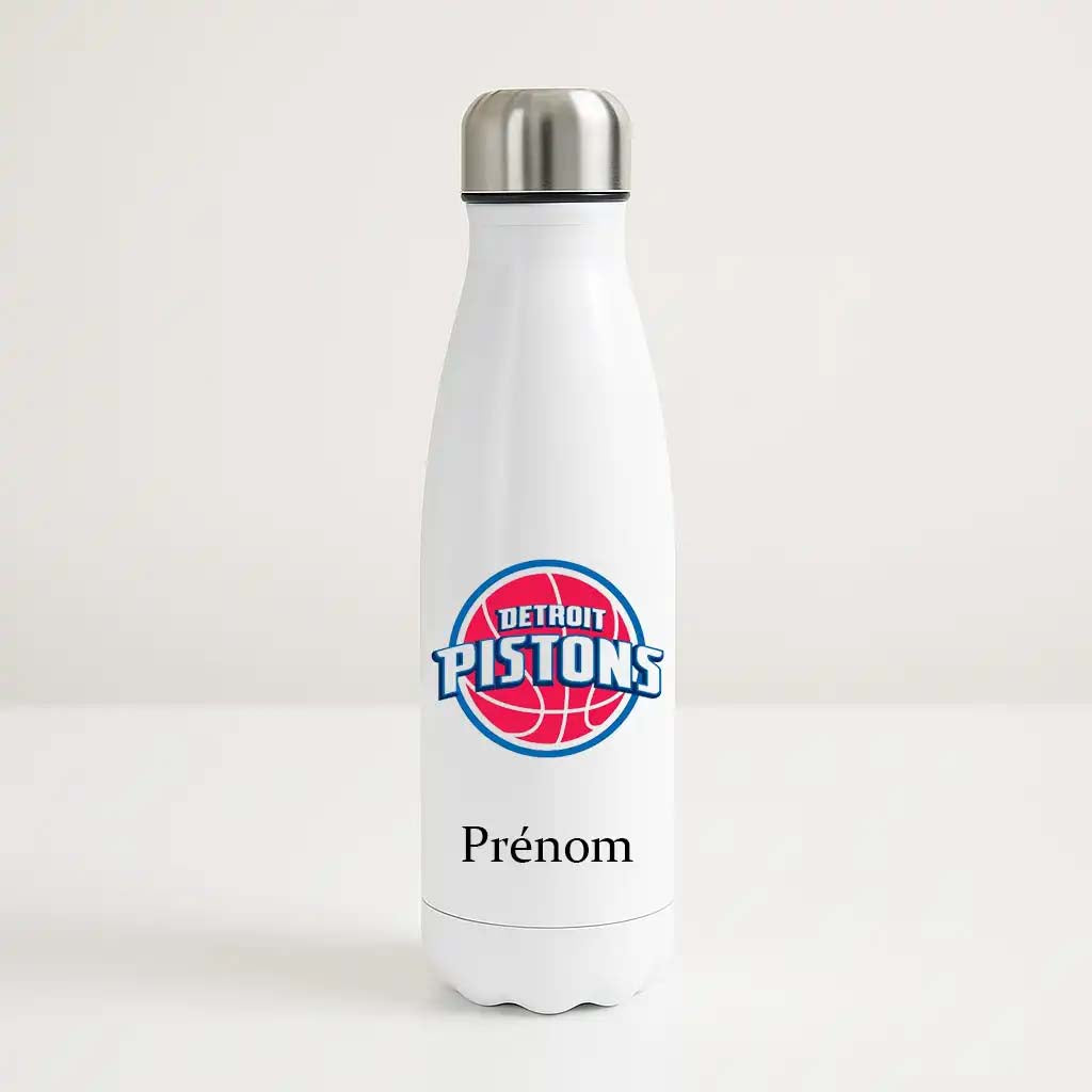 Bouteille isotherme blanche personnalisable avec logo rouge et bleu des Detroit Pistons et prénom, idéale pour fan de NBA.