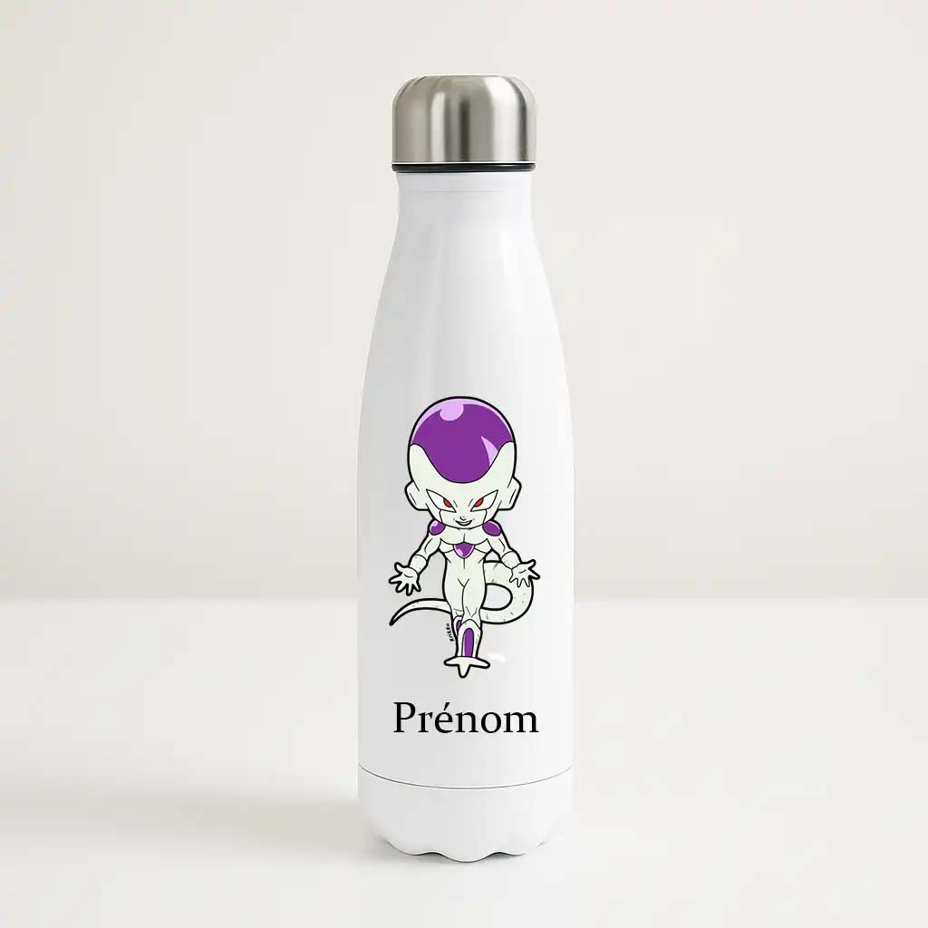 Bouteille isotherme blanche 500ml avec Freezer en version chibi, espace prénom personnalisable.