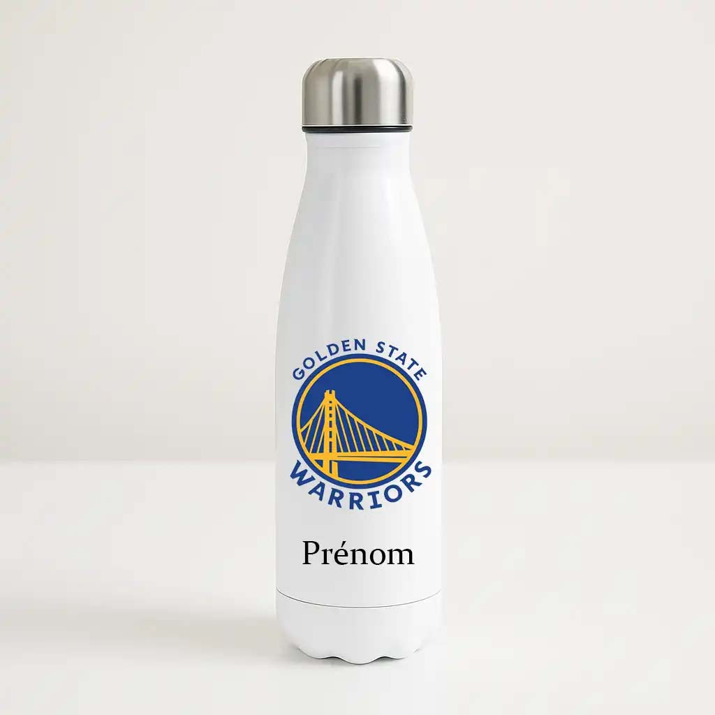Bouteille isotherme blanche personnalisable avec logo bleu et jaune des Golden State Warriors et prénom, idéale pour fan de NBA.