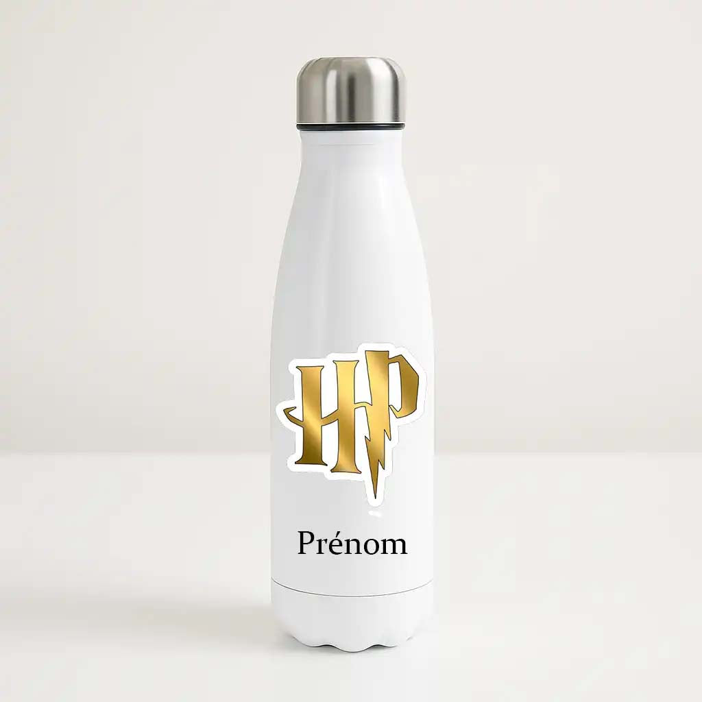 Bouteille isotherme blanche 500ml avec Harry Potter en version chibi, espace prénom personnalisable.