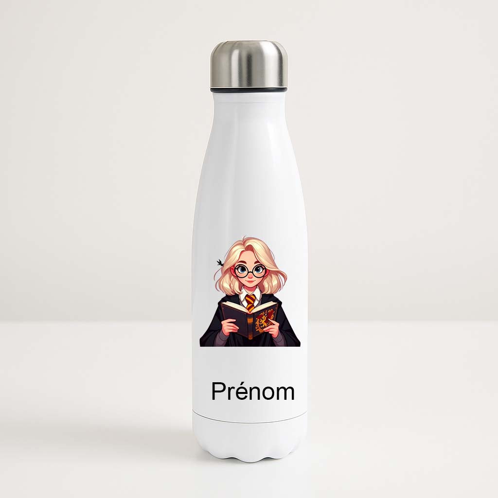 Bouteille isotherme blanche 500ml avec Hermione Granger en version chibi, espace prénom personnalisable.