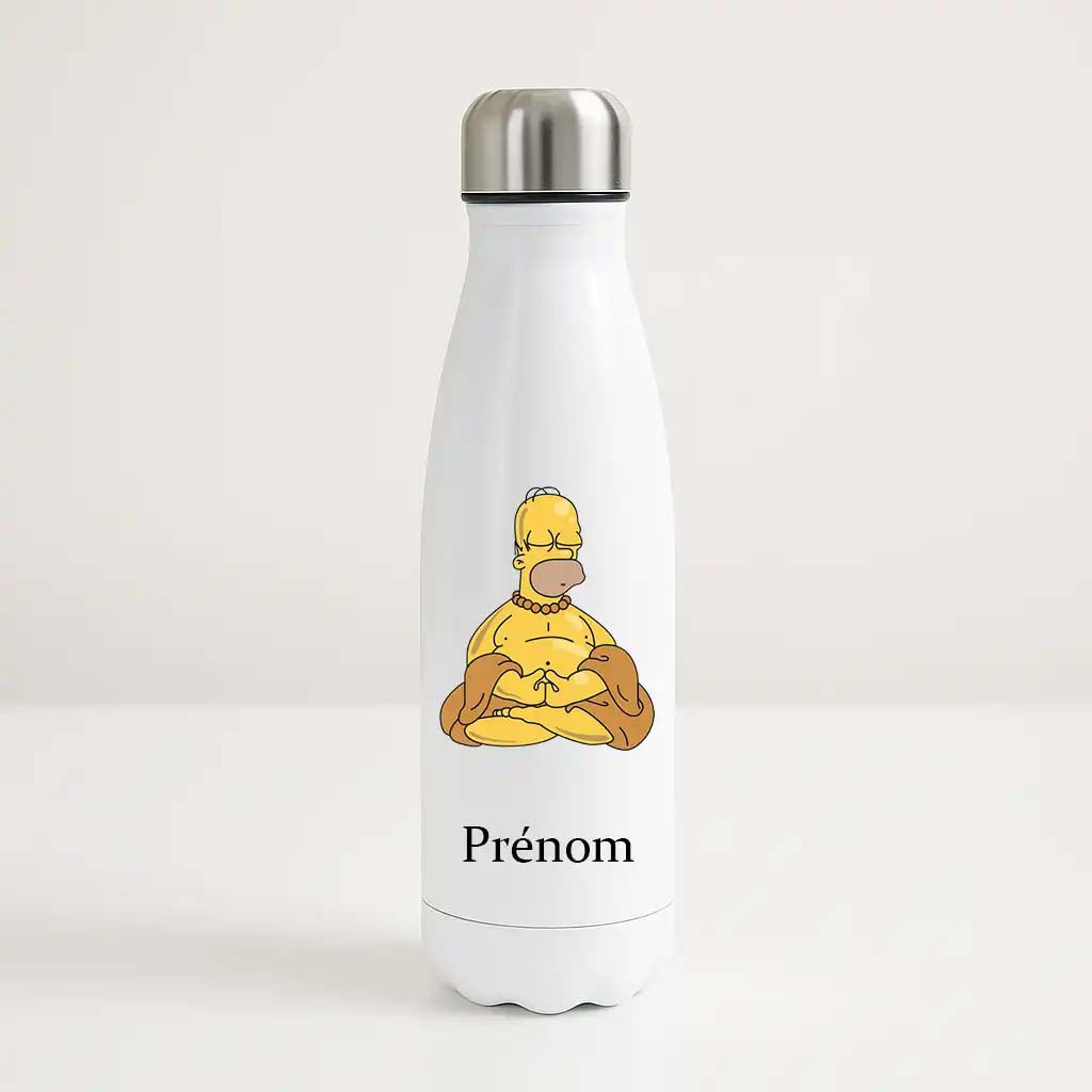 Bouteille isotherme blanche 500ml avec Homer Simpson en position de méditation, espace prénom personnalisable.