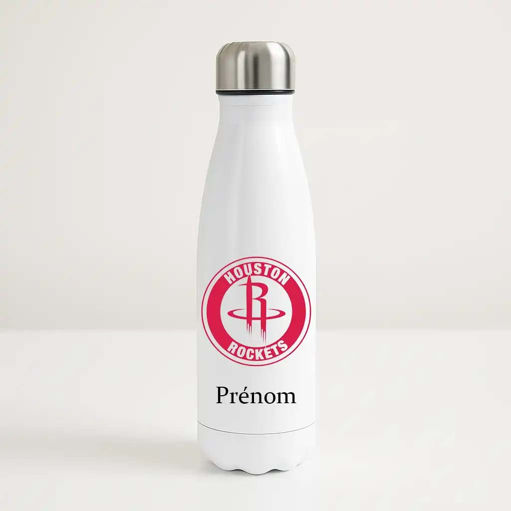 Bouteille isotherme blanche personnalisable avec logo rouge des Houston Rockets et prénom, parfaite pour supporter de NBA.