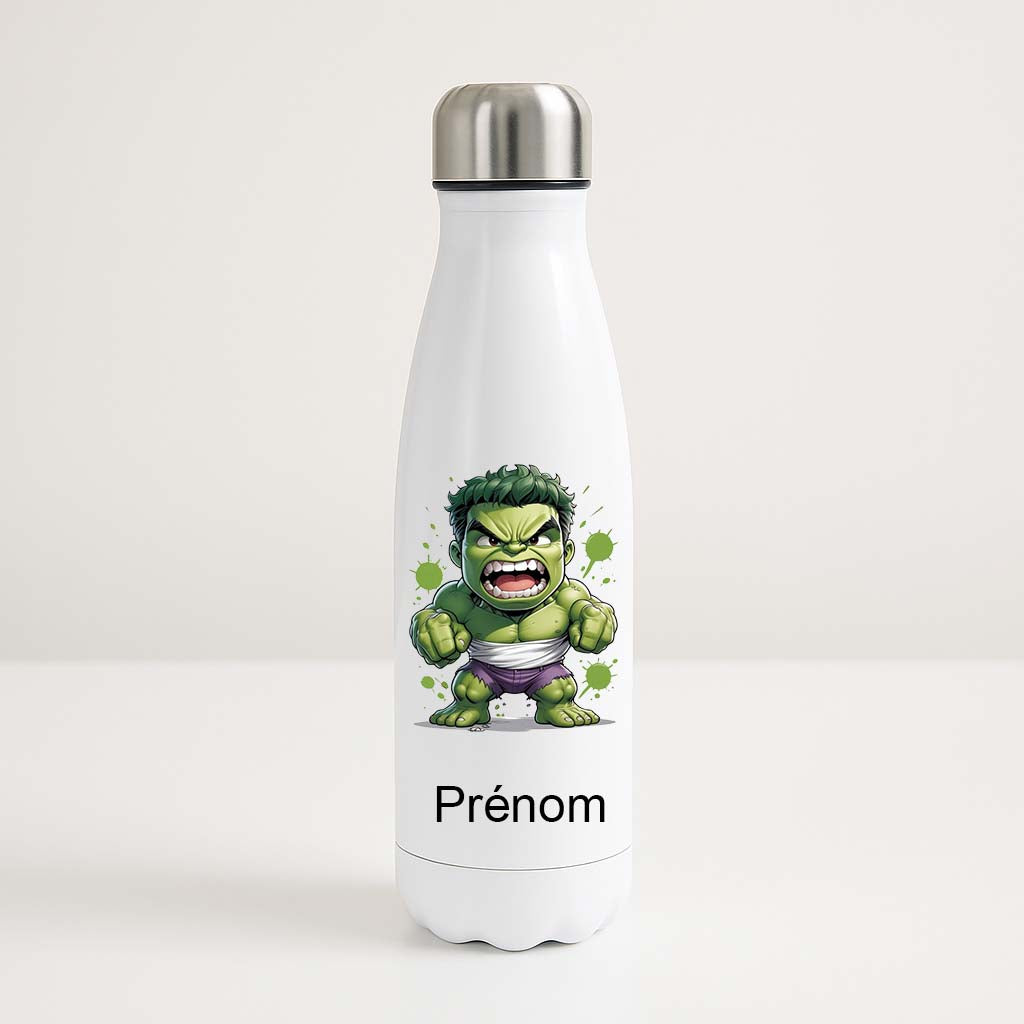 Bouteille isotherme blanche 500ml avec Hulk Chibi, espace prénom personnalisable.