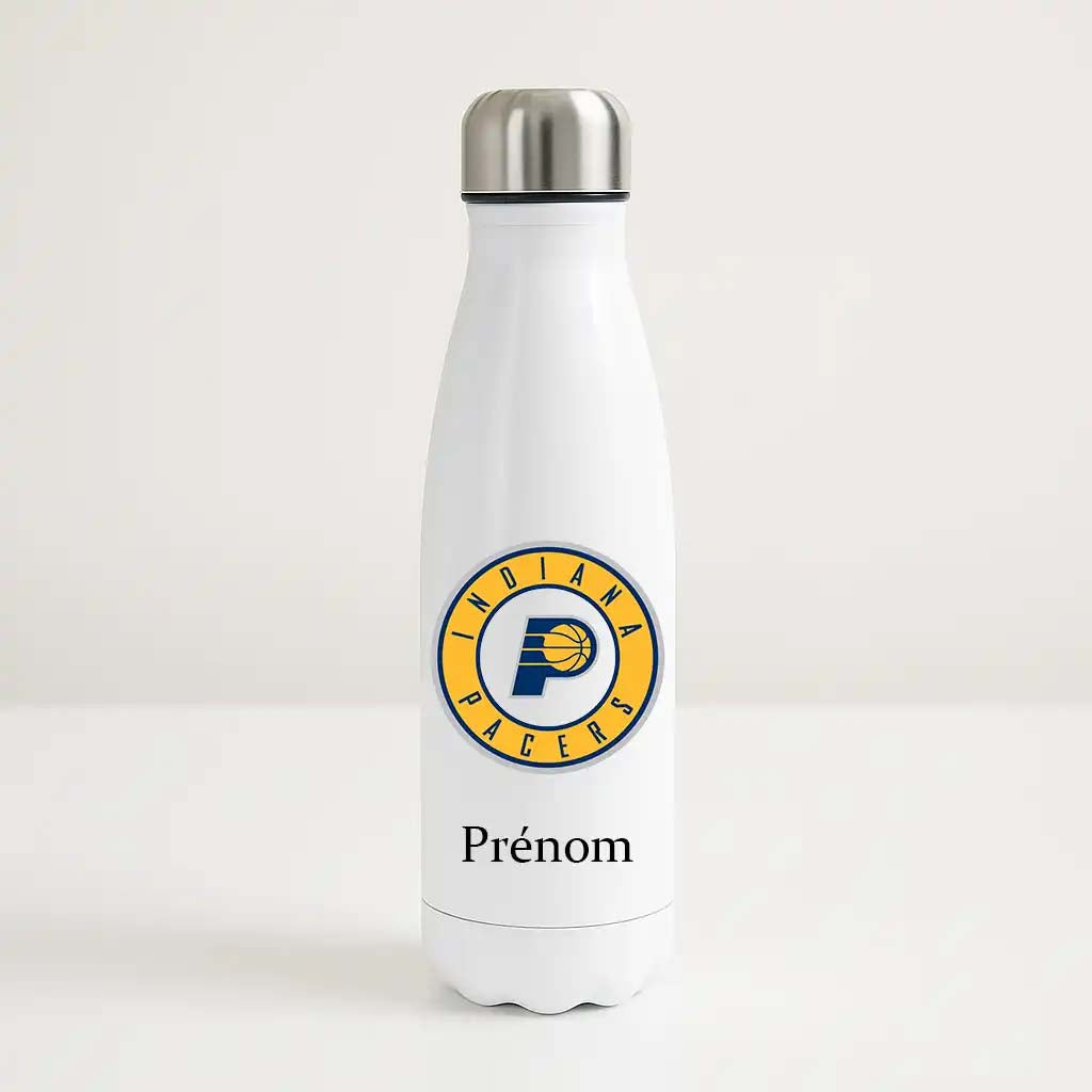 Bouteille isotherme blanche personnalisable avec logo bleu et jaune des Indiana Pacers et prénom, pour fan de NBA.