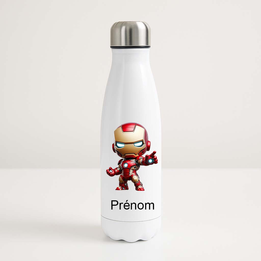 Bouteille isotherme blanche 500ml avec Iron Man Chibi, espace prénom personnalisable.
