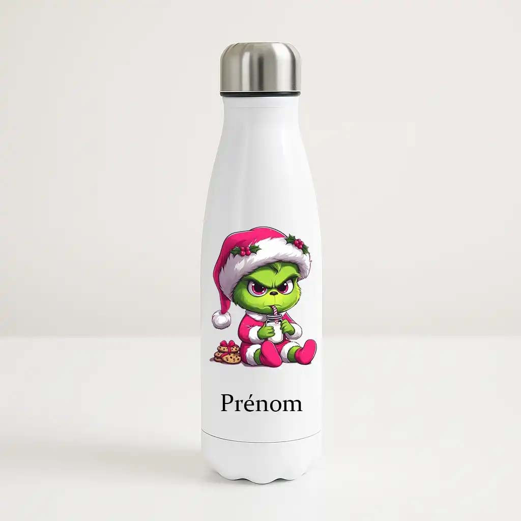 Bouteille isotherme blanche 500ml avec Grinch Chibi Bébé, espace prénom personnalisable.