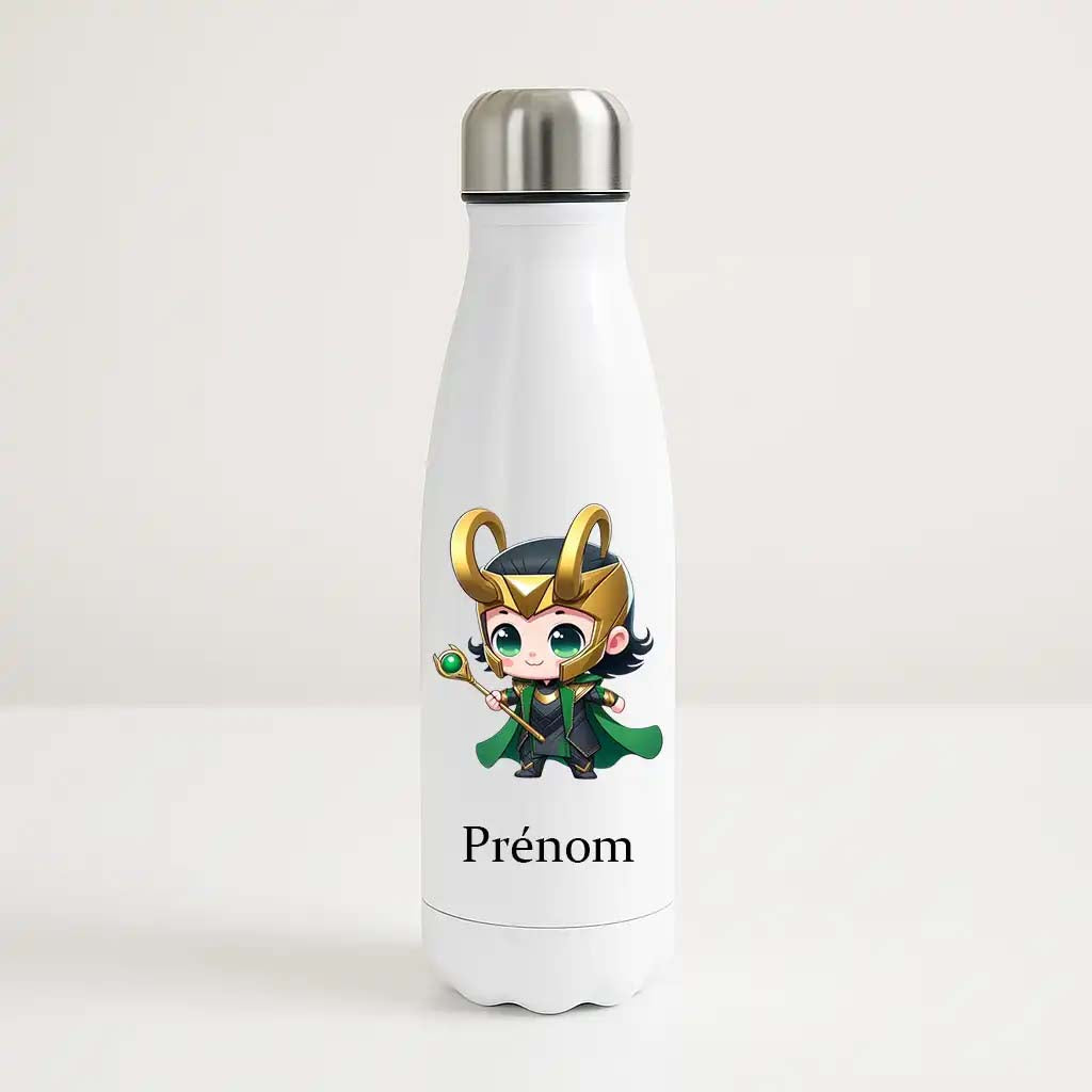 Bouteille isotherme blanche 500ml avec Loki Chibi, espace prénom personnalisable.