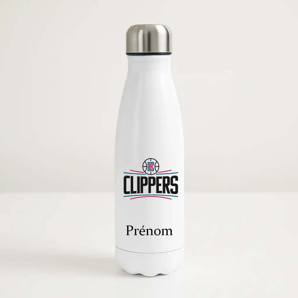 Bouteille isotherme blanche personnalisable avec logo des Los Angeles Clippers et prénom, pour supporter de NBA.