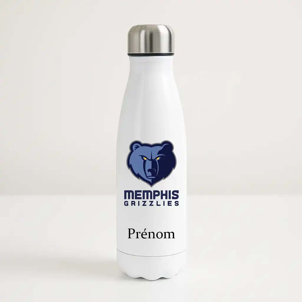 Bouteille isotherme blanche personnalisable avec logo bleu des Memphis Grizzlies et prénom, idéale pour fan de NBA.