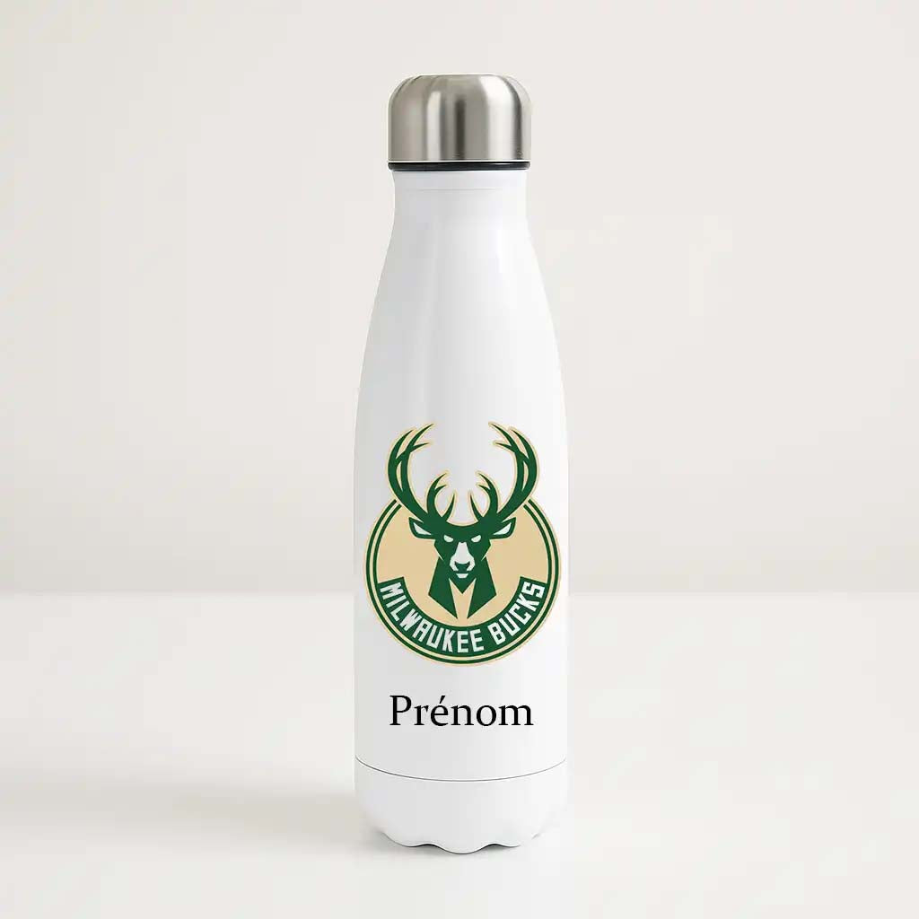 Bouteille isotherme blanche personnalisable avec logo vert et or des Milwaukee Bucks et prénom, pour fan de NBA.