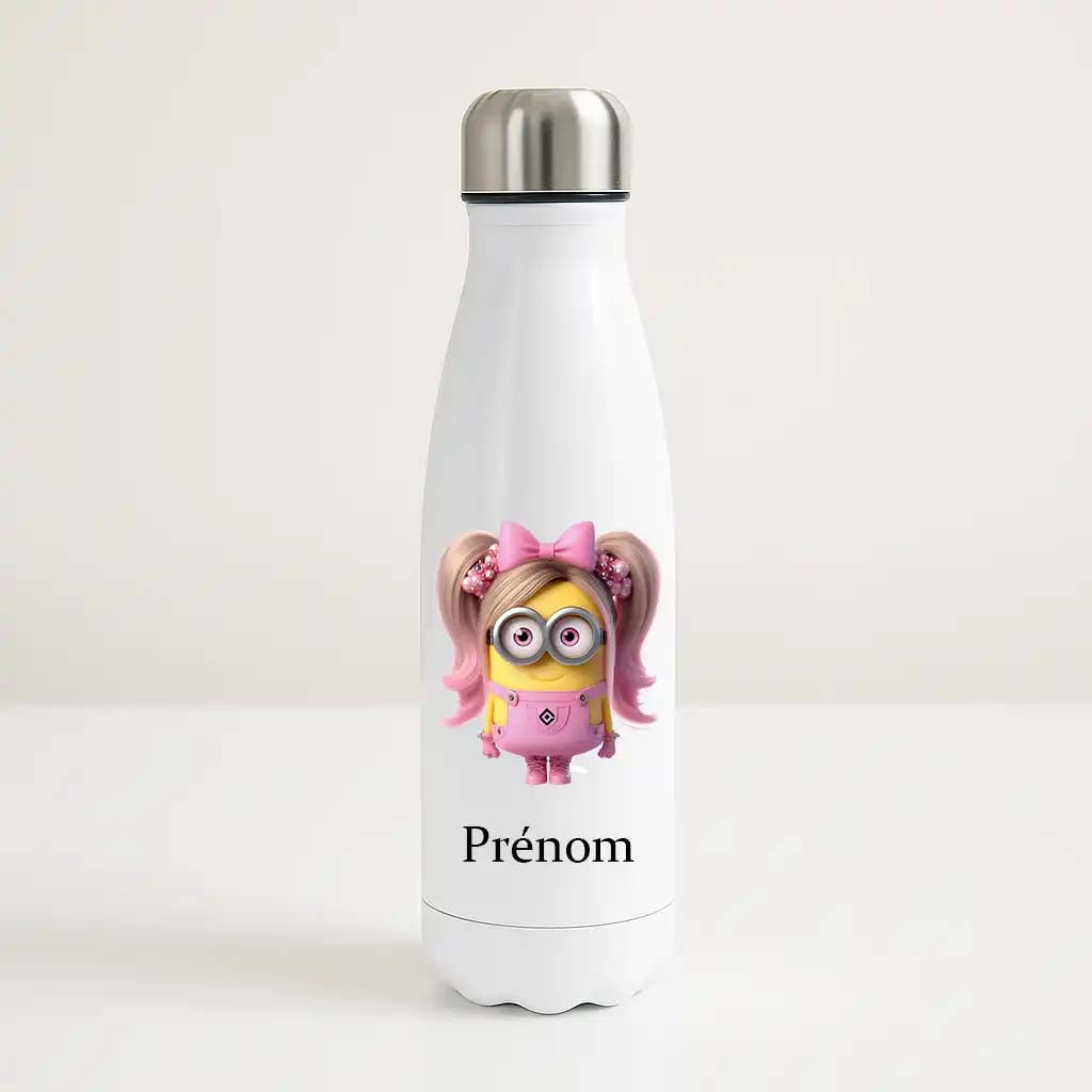 Bouteille isotherme blanche 500ml avec Minion portant une perruque rose, espace prénom personnalisable.