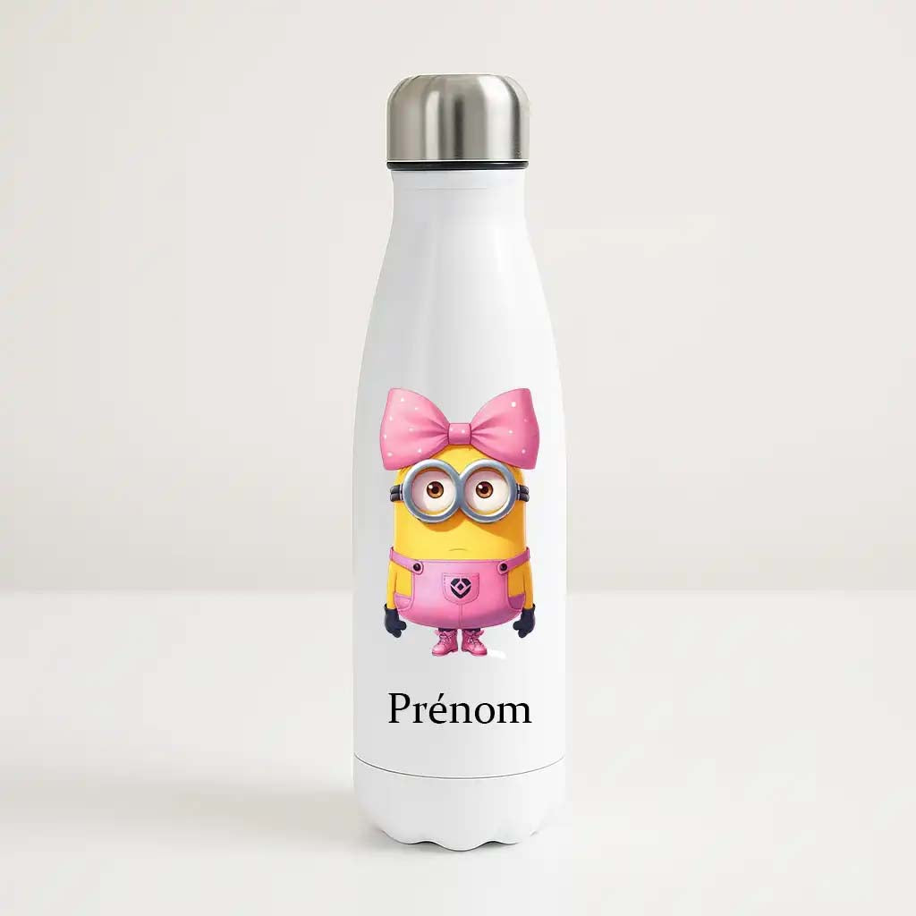 Bouteille isotherme blanche 500ml avec Minion classique, espace prénom personnalisable.