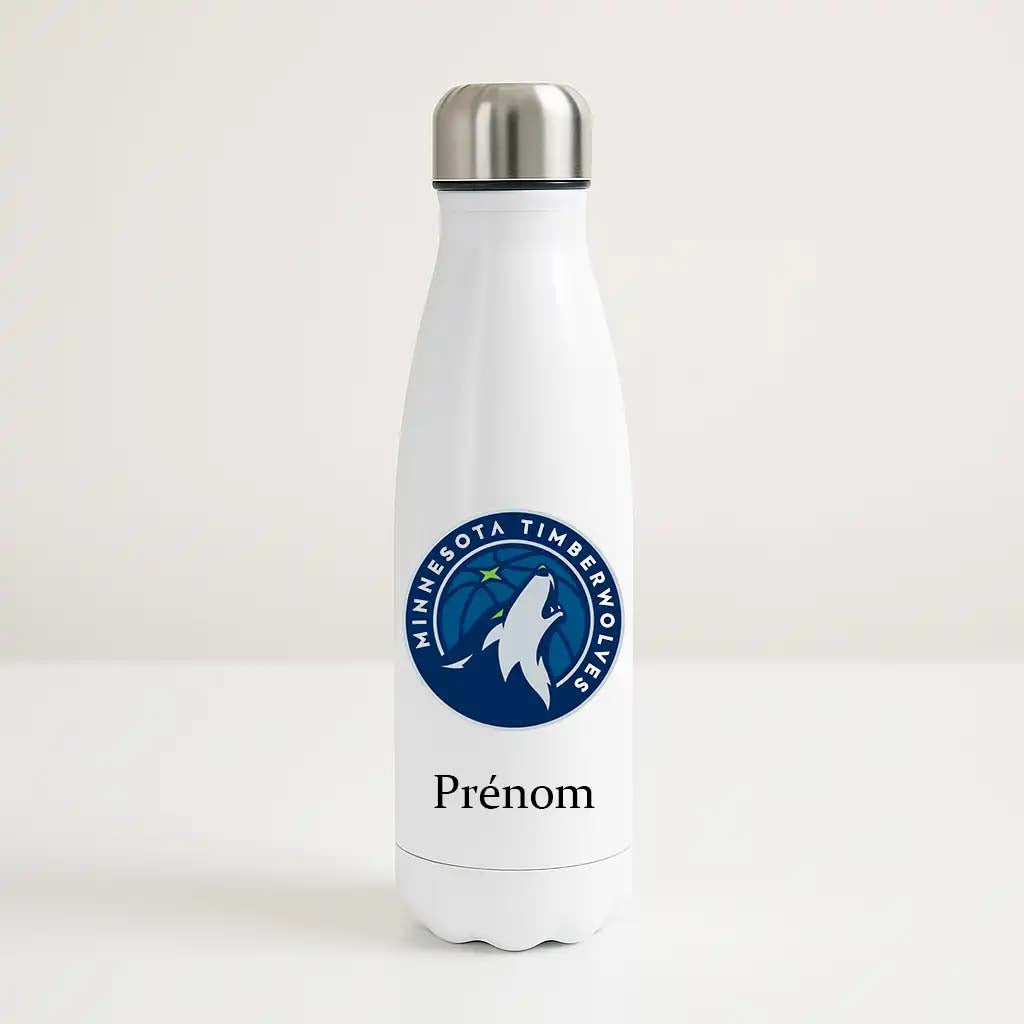 Bouteille isotherme blanche personnalisable avec logo bleu des Minnesota Timberwolves et prénom, pour fan de NBA.