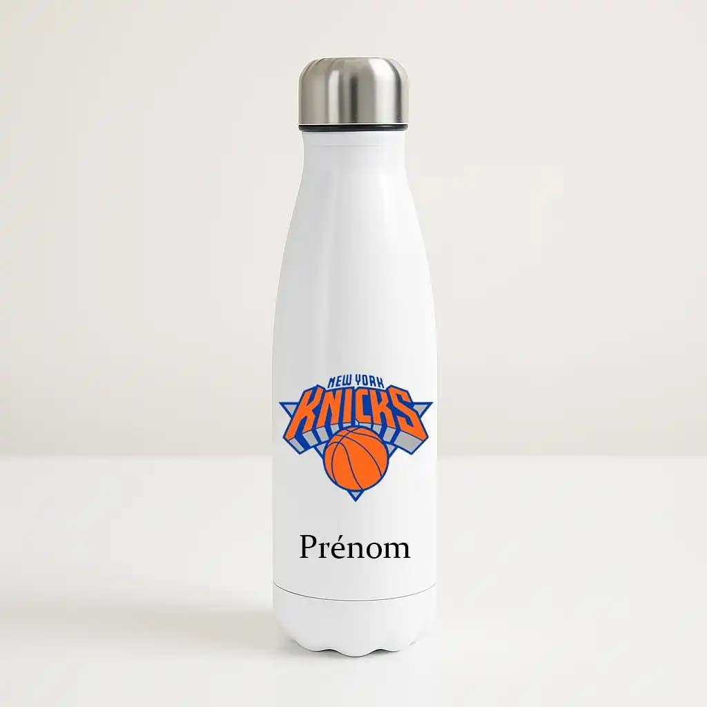 Bouteille isotherme blanche personnalisable avec logo orange et bleu des New York Knicks et prénom, pour fan de NBA.