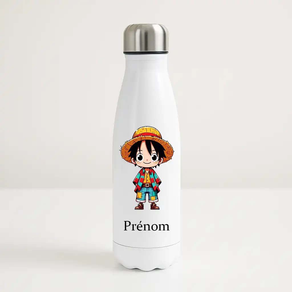 Bouteille isotherme blanche 500ml avec Luffy Chibi (One Piece), espace prénom personnalisable.