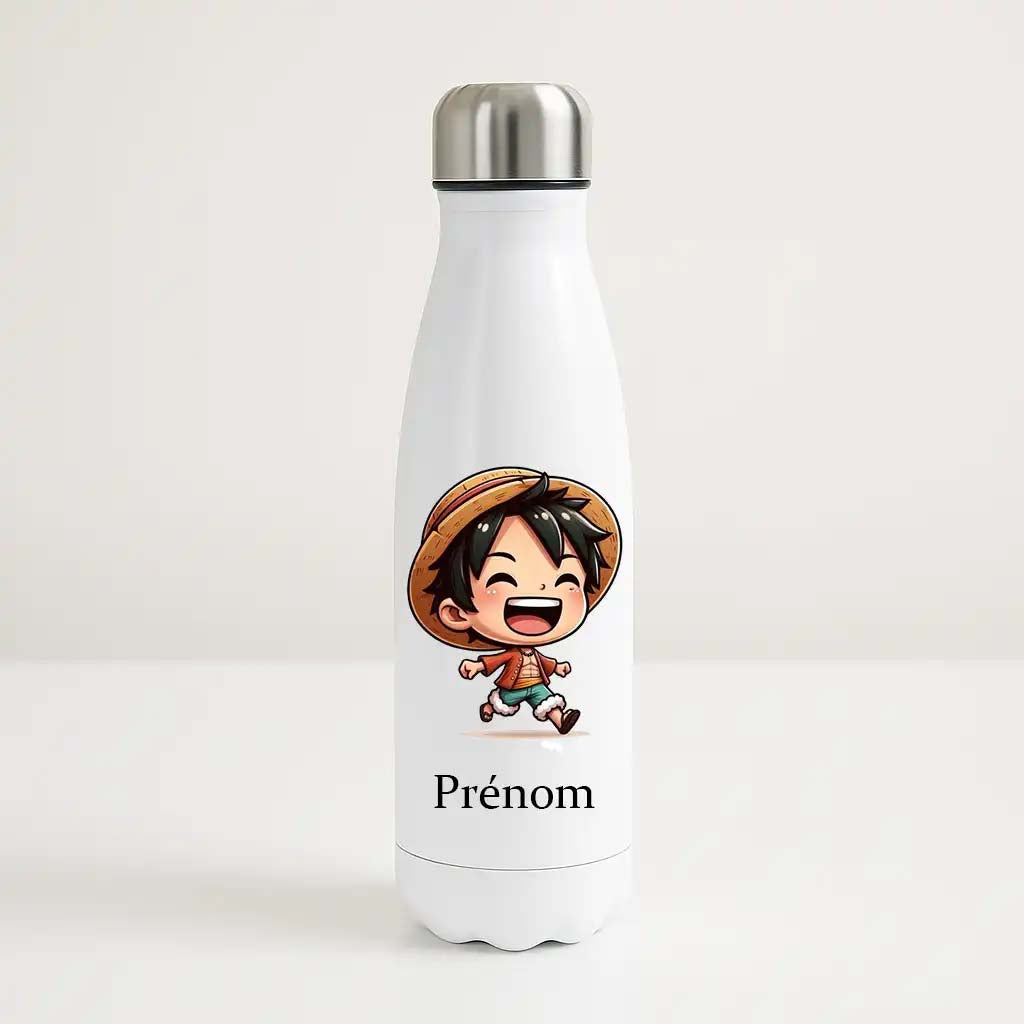 Bouteille isotherme blanche 500ml avec Luffy Chibi alternative (One Piece), espace prénom personnalisable.