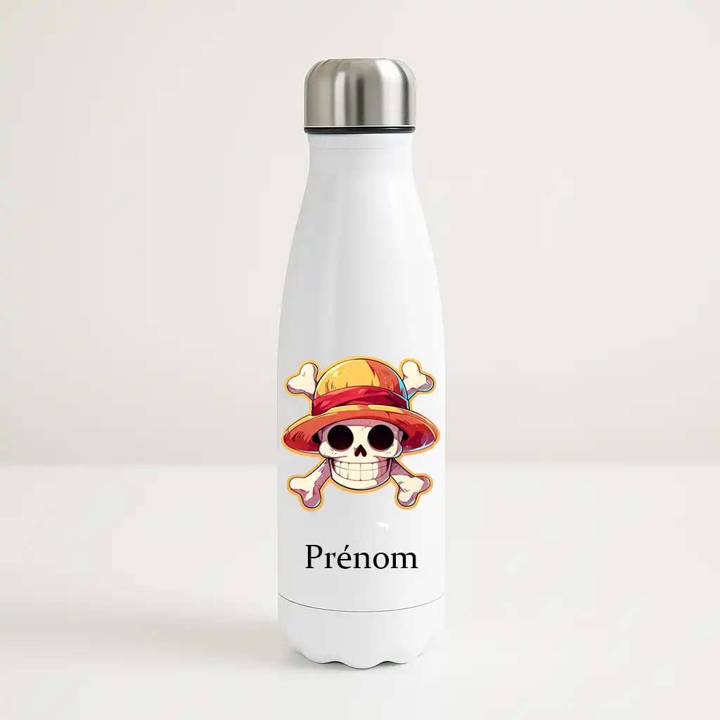 Bouteille isotherme blanche 500ml avec le logo One Piece, espace prénom personnalisable.