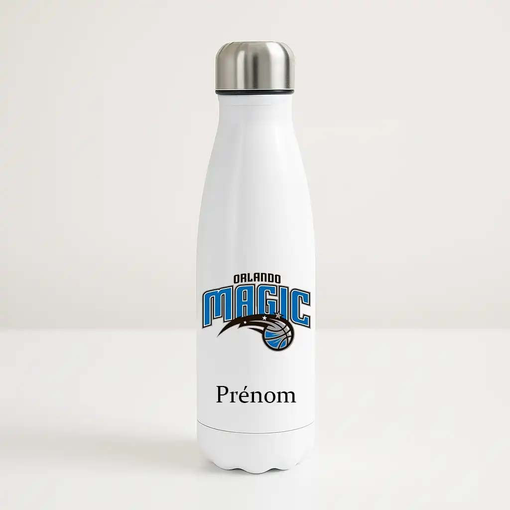 Bouteille isotherme blanche personnalisable avec logo bleu et noir des Orlando Magic et prénom, pour fan de NBA.