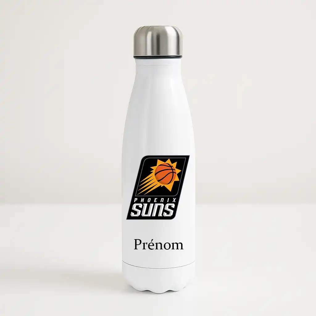 Bouteille isotherme blanche personnalisable avec logo orange et noir des Phoenix Suns et prénom, pour fan de NBA.