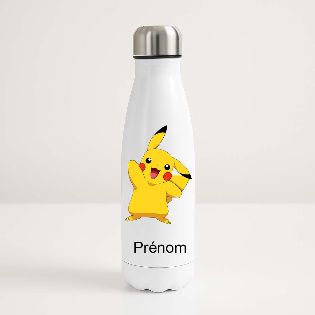Bouteille isotherme blanche 500ml avec Pikachu, espace prénom personnalisable.