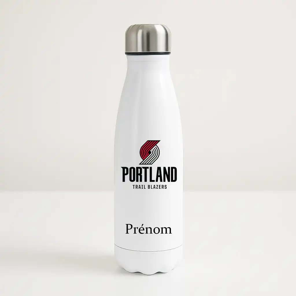 Bouteille isotherme blanche personnalisable avec logo rouge et noir des Portland Trail Blazers et prénom, pour fan de NBA.