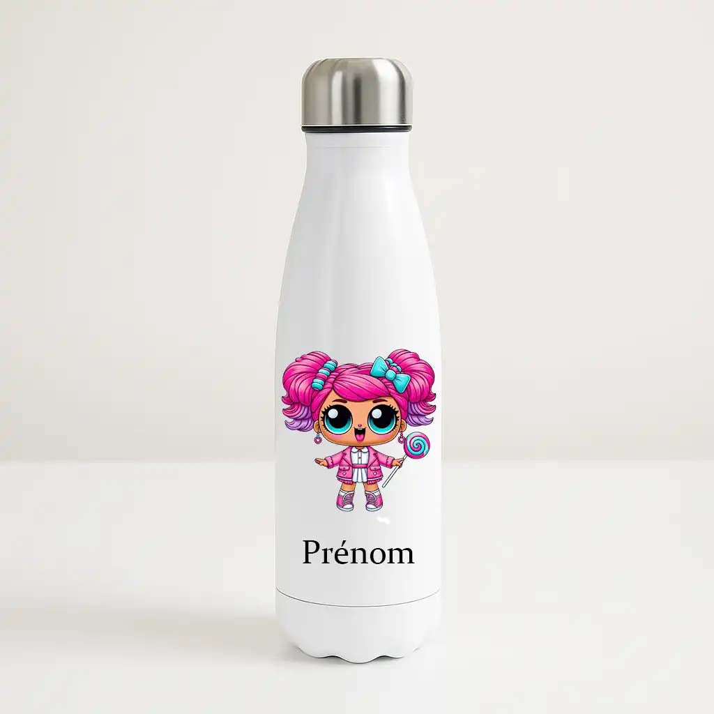 Bouteille isotherme blanche 500ml avec Princesse Bonbon, espace prénom personnalisable.