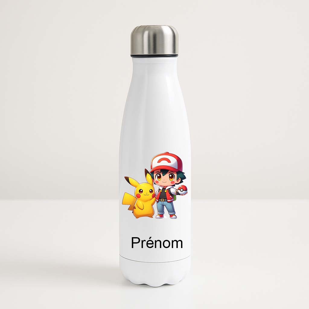 Bouteille isotherme blanche 500ml avec Sacha et Pikachu en version chibi, espace prénom personnalisable.