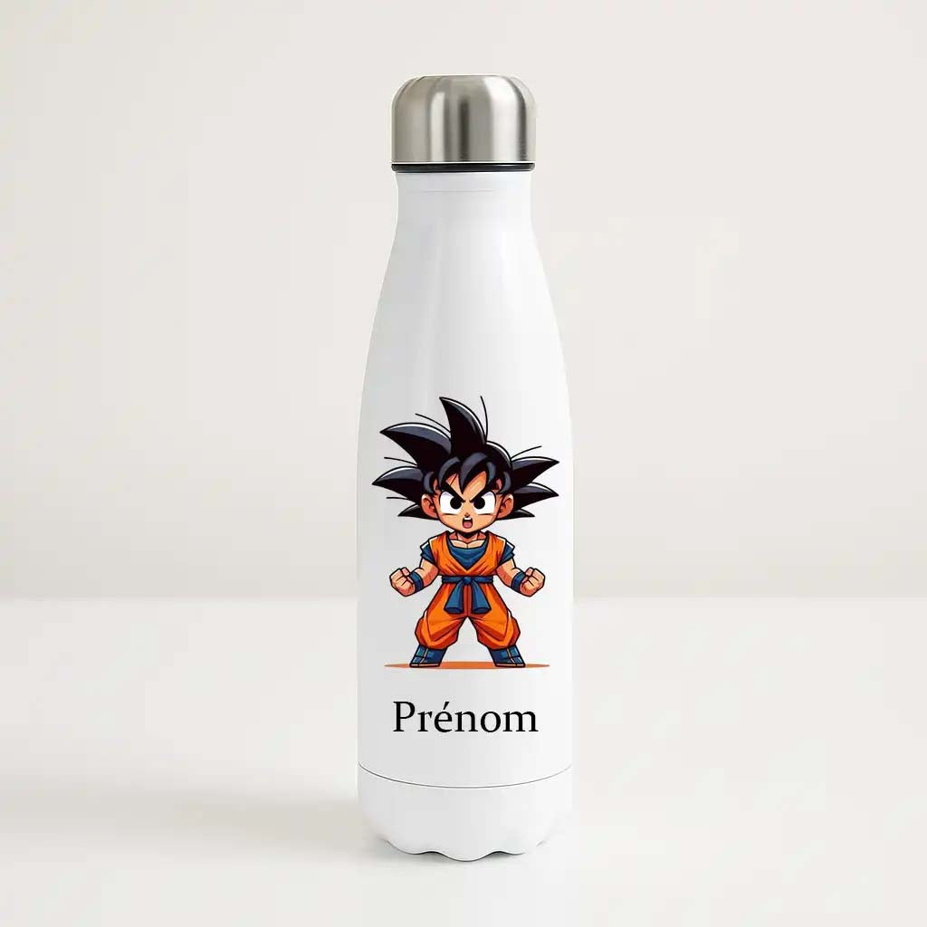 Bouteille isotherme blanche 500ml avec Son Goku en version chibi, espace prénom personnalisable.