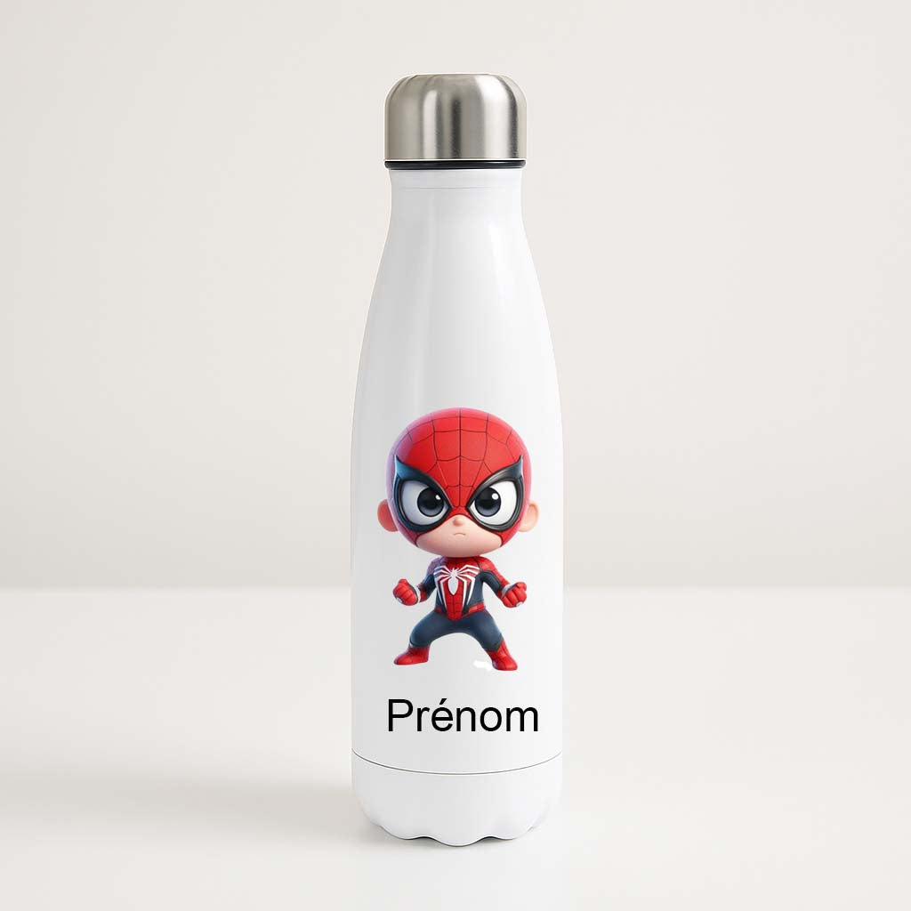 Bouteille isotherme blanche 500ml avec Spider-Man en version chibi, espace prénom personnalisable.