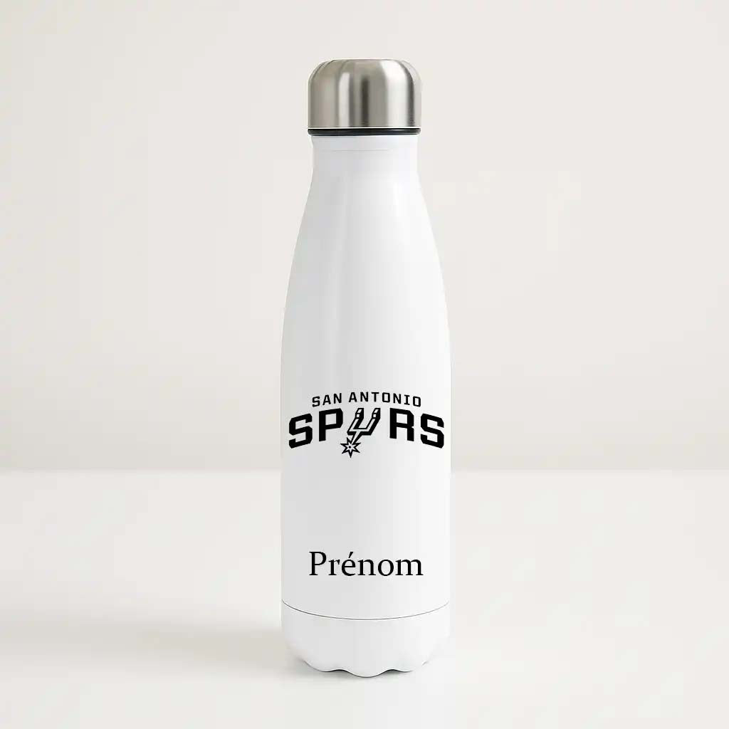 Bouteille isotherme blanche personnalisable avec logo noir des San Antonio Spurs et prénom, pour fan de NBA.